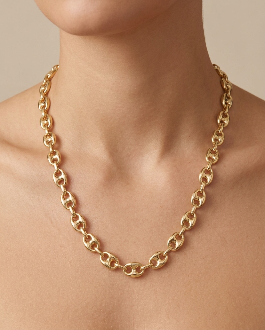 14KT Yellow Gold Puff Mariner Necklace 18" on model