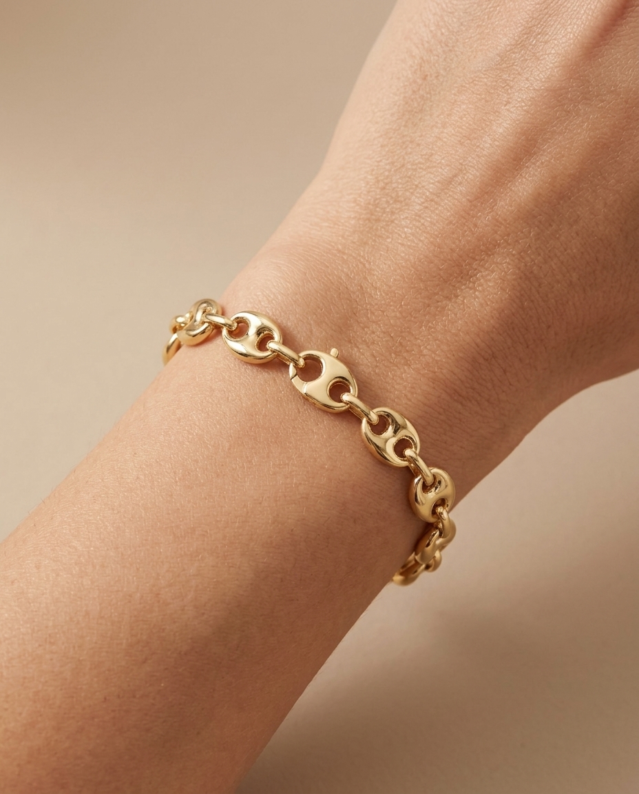14KT Gold Puff Mariner Bracelet on model