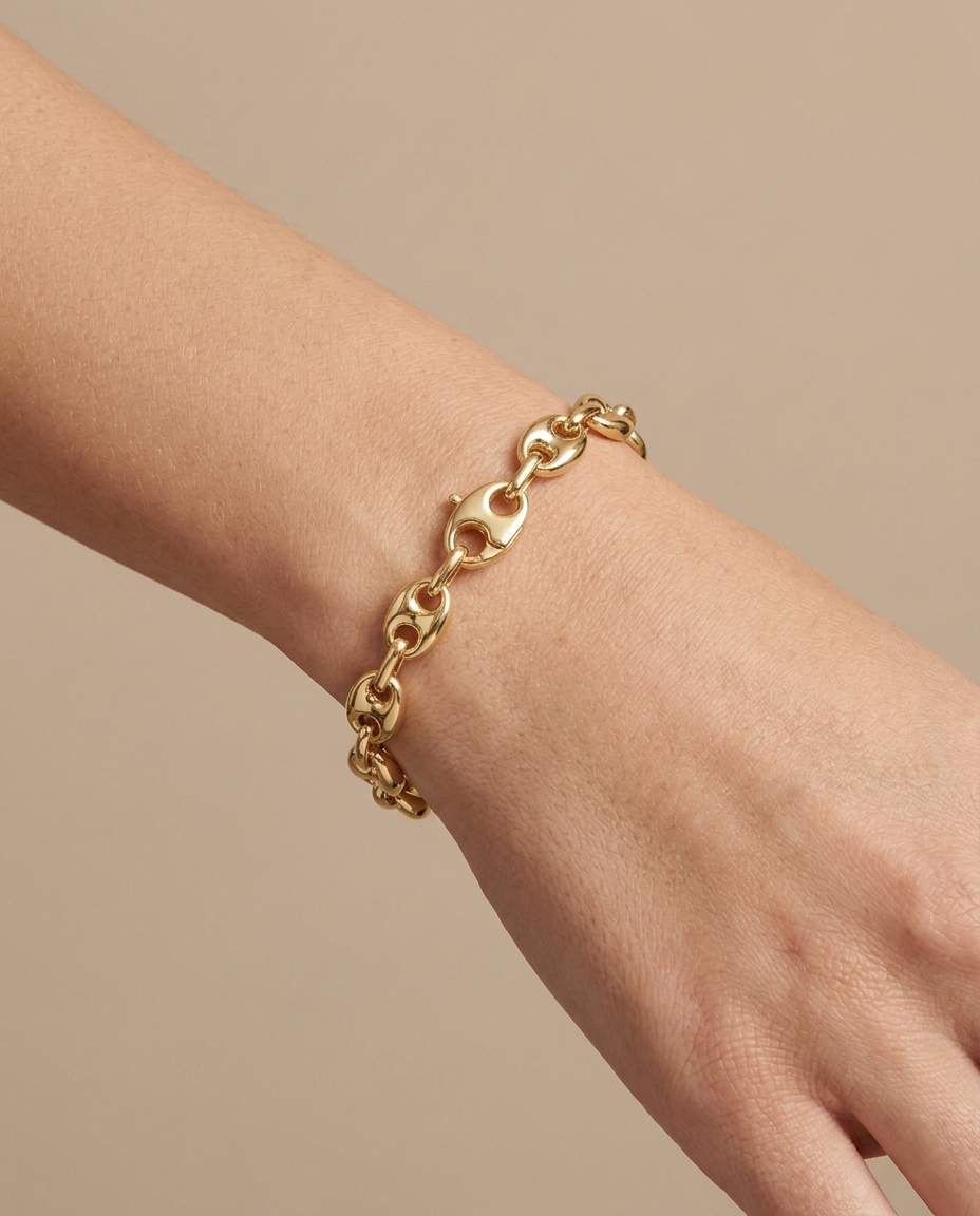 14KT Gold Puff Mariner Bracelet on model