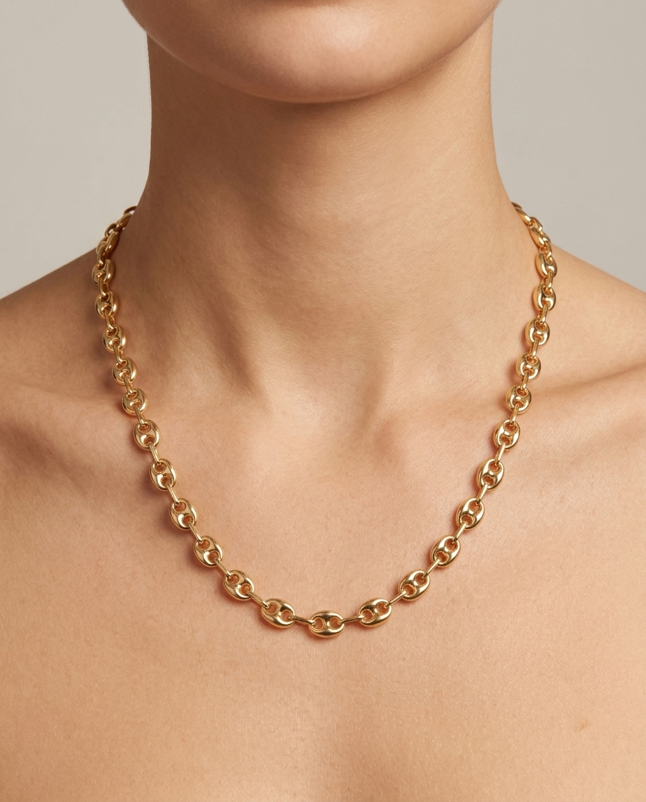 14KT Gold Hollow Puff Mariner Necklace on model