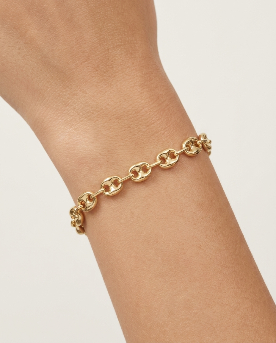 14KT Yellow Gold Hollow Puff Mariner Bracelet on model