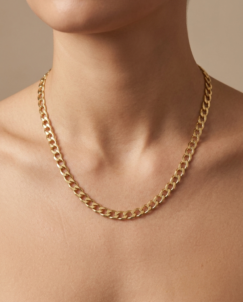 14KT Gold Flat Textured Cuban Necklace on model
