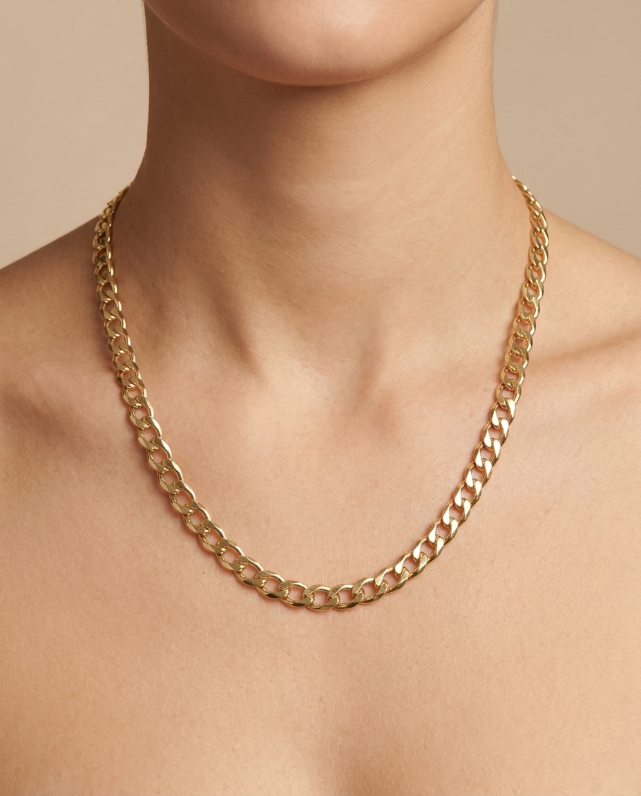 14KT Gold Flat Textured Cuban Necklace on model
