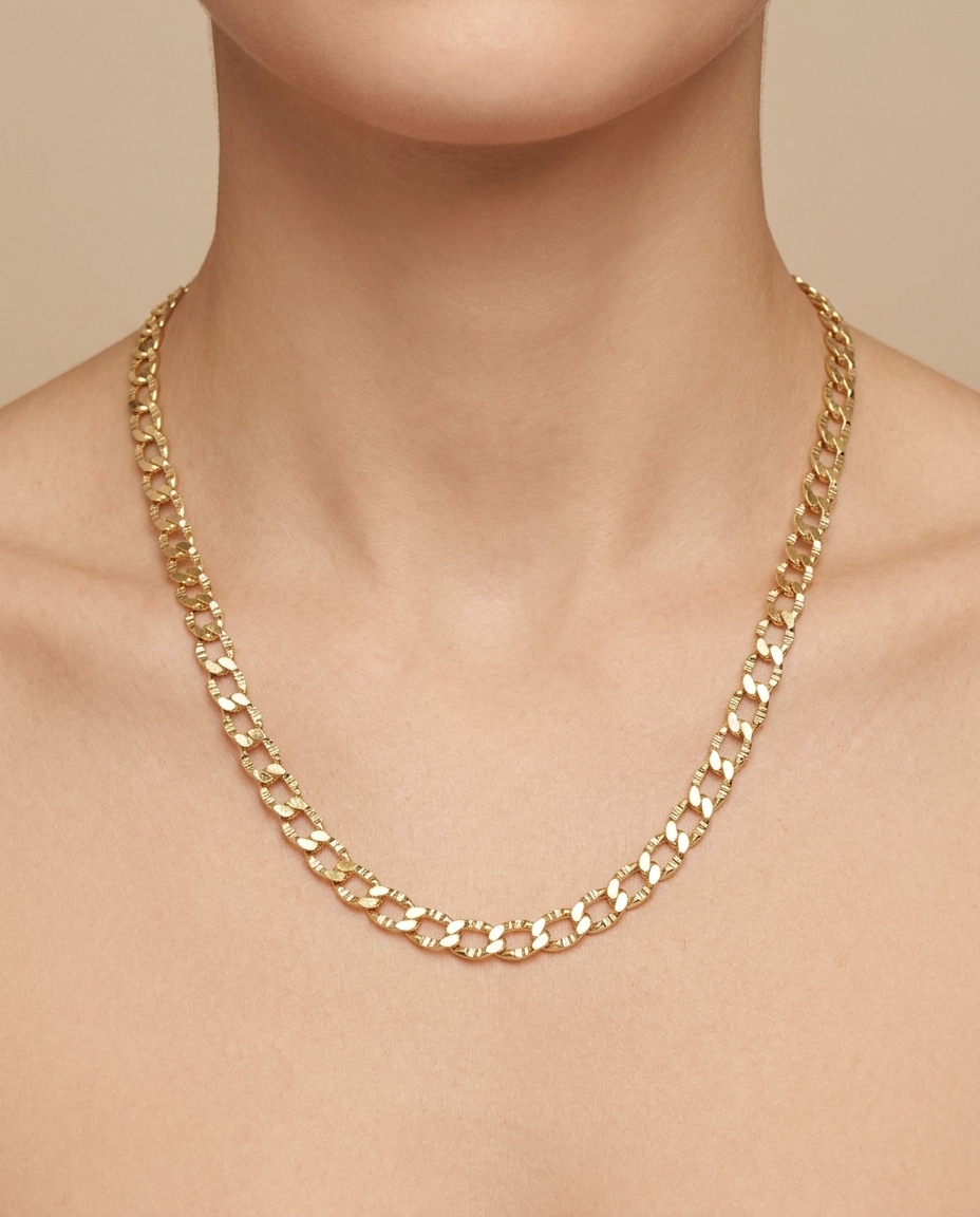 14KT Gold Flat Textured Cuban Necklace on model
