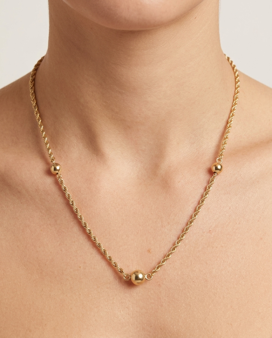 14KT Gold Rope Chain with Ball Necklace on model