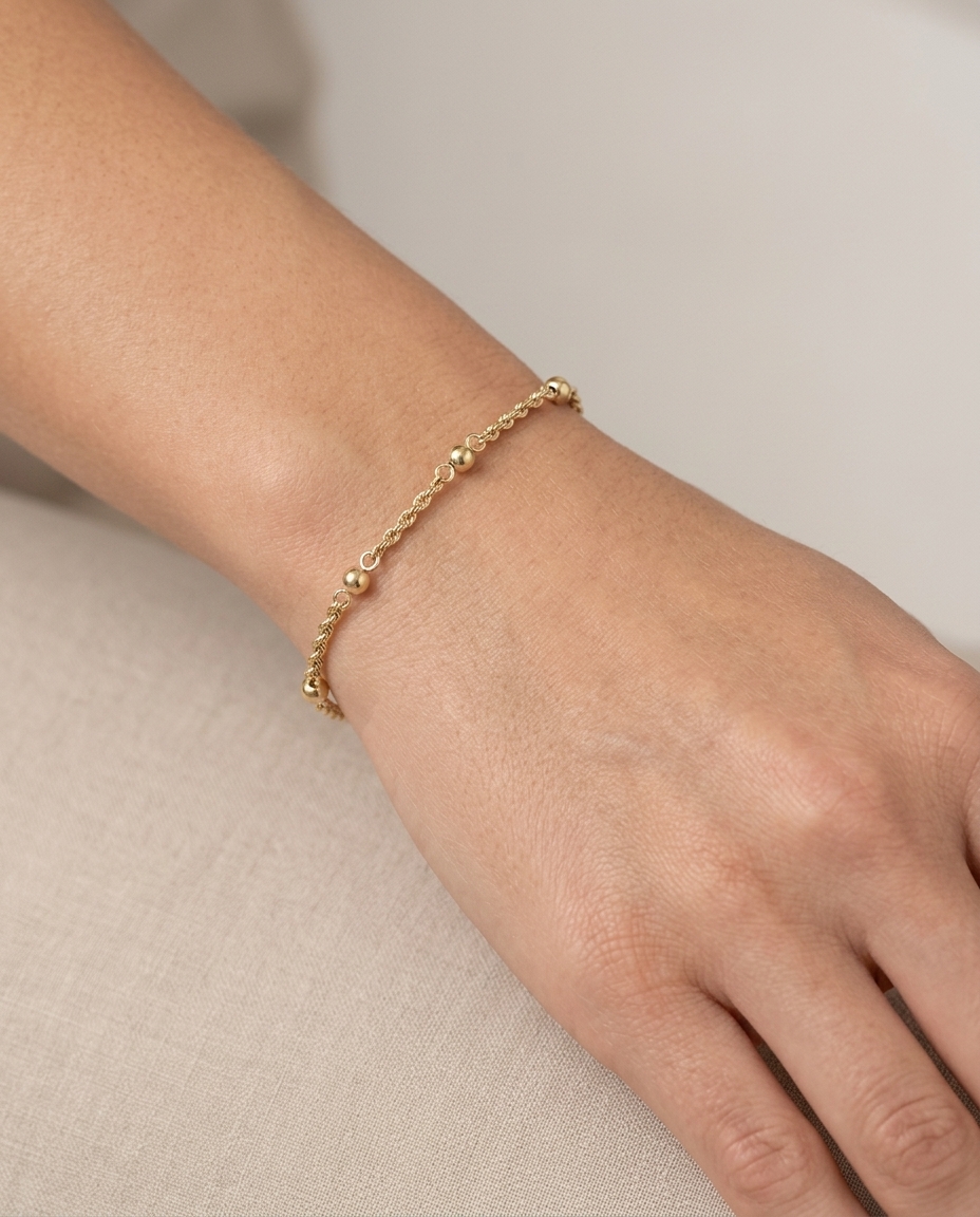 14KT Gold Rope Chain with Ball Bracelet on model