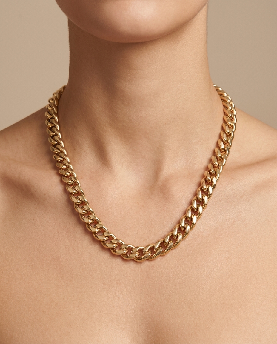 14KT Yellow Gold Hollow Cuban Necklace on model