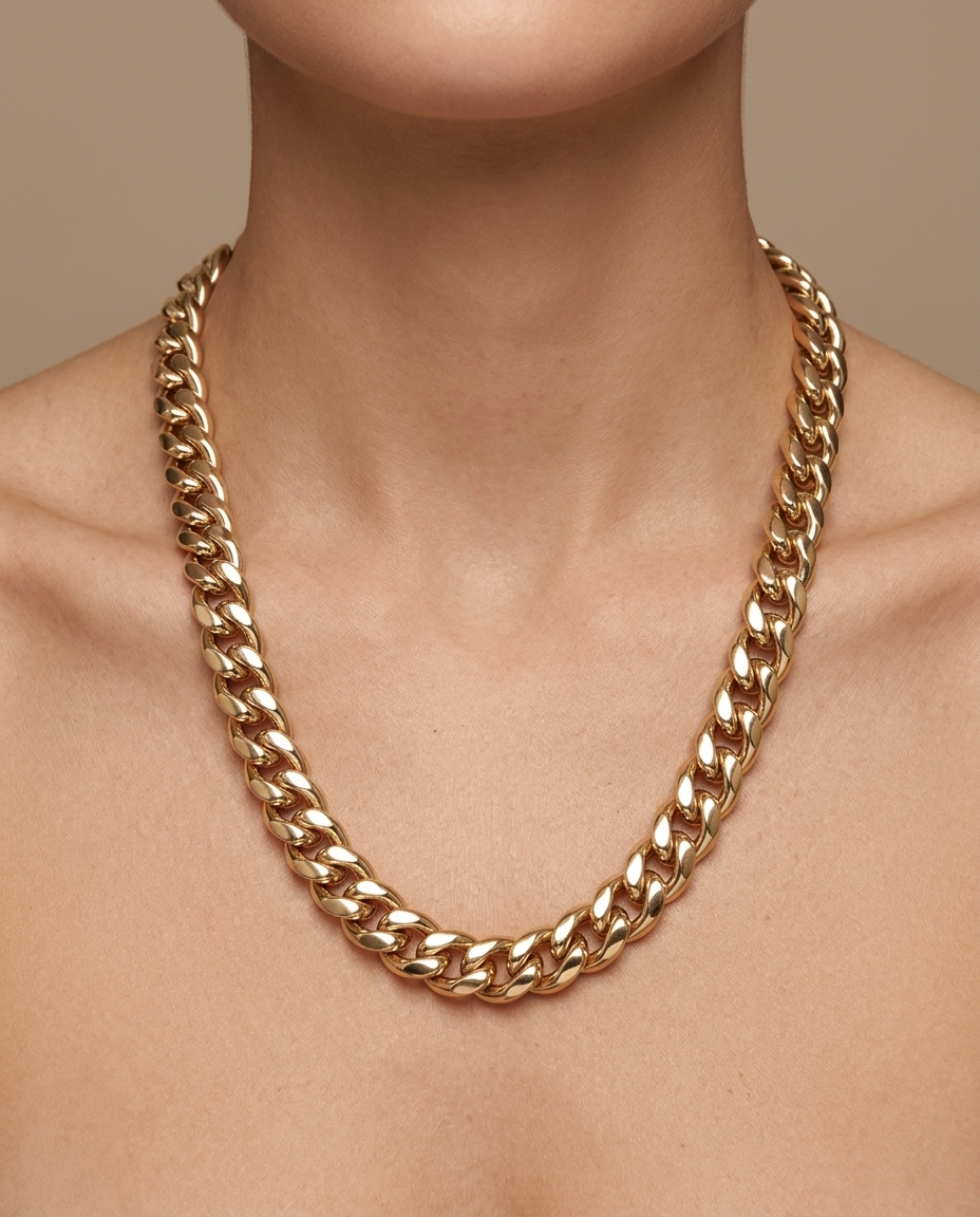 14KT Yellow Gold Hollow Cuban Necklace on model