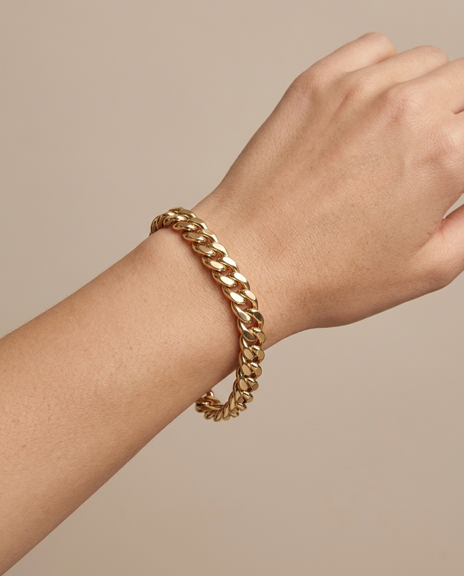 14KT Gold Cuban Hallow Braclet on model