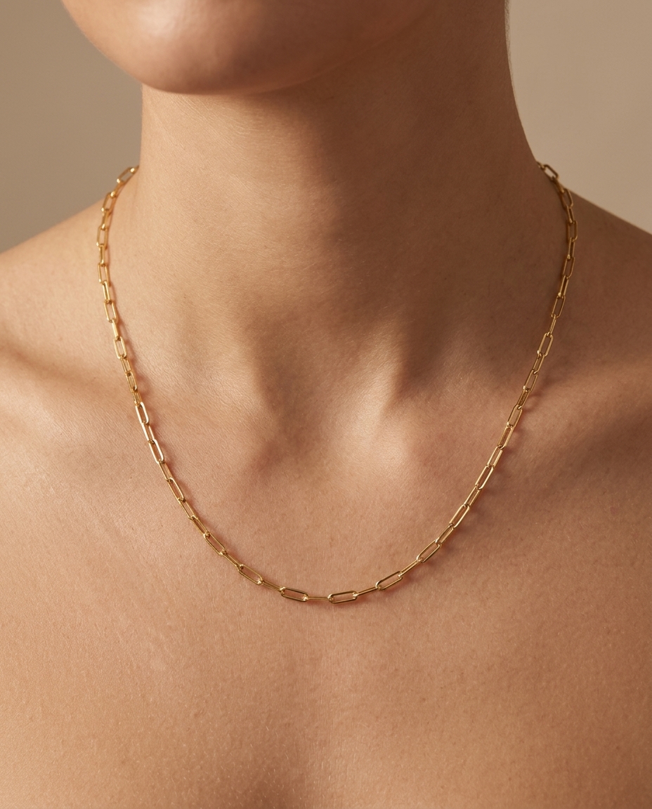 14KT Gold Paperclip Necklace on model