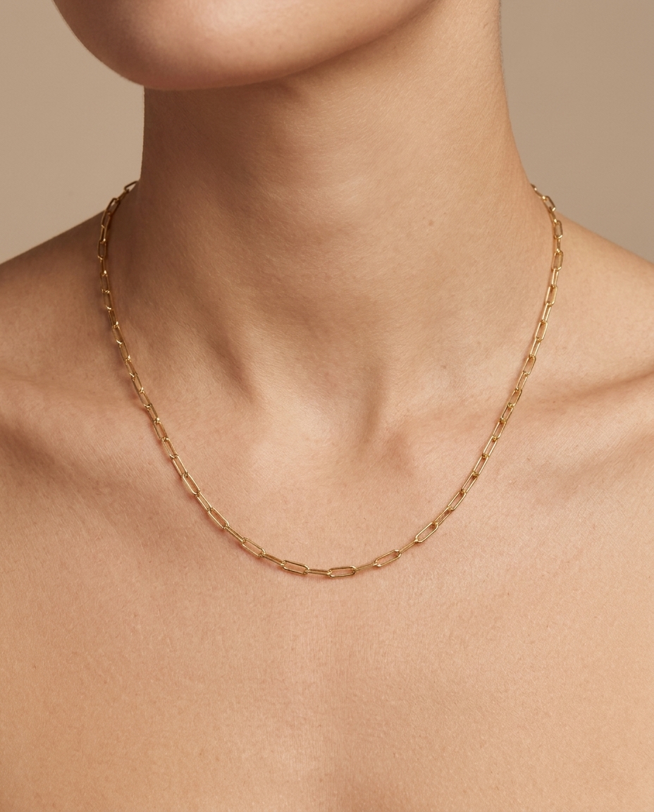 14KT Gold Paperclip Necklace on model