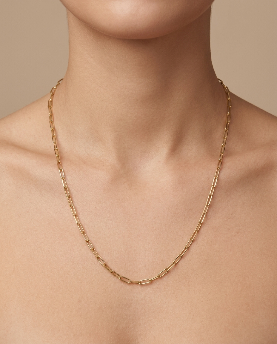 14KT Gold Paperclip Necklace on model