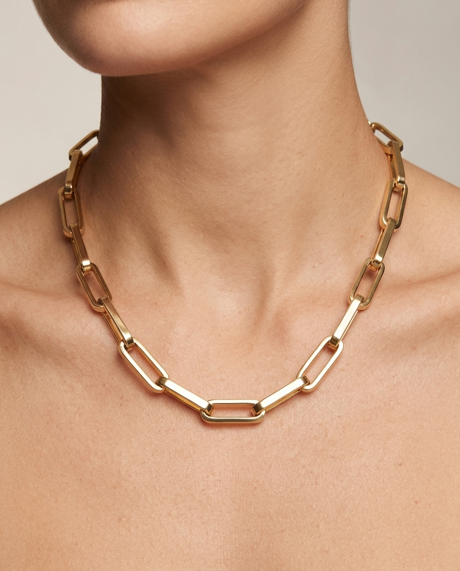 14KT Gold Paperclip Necklace on model