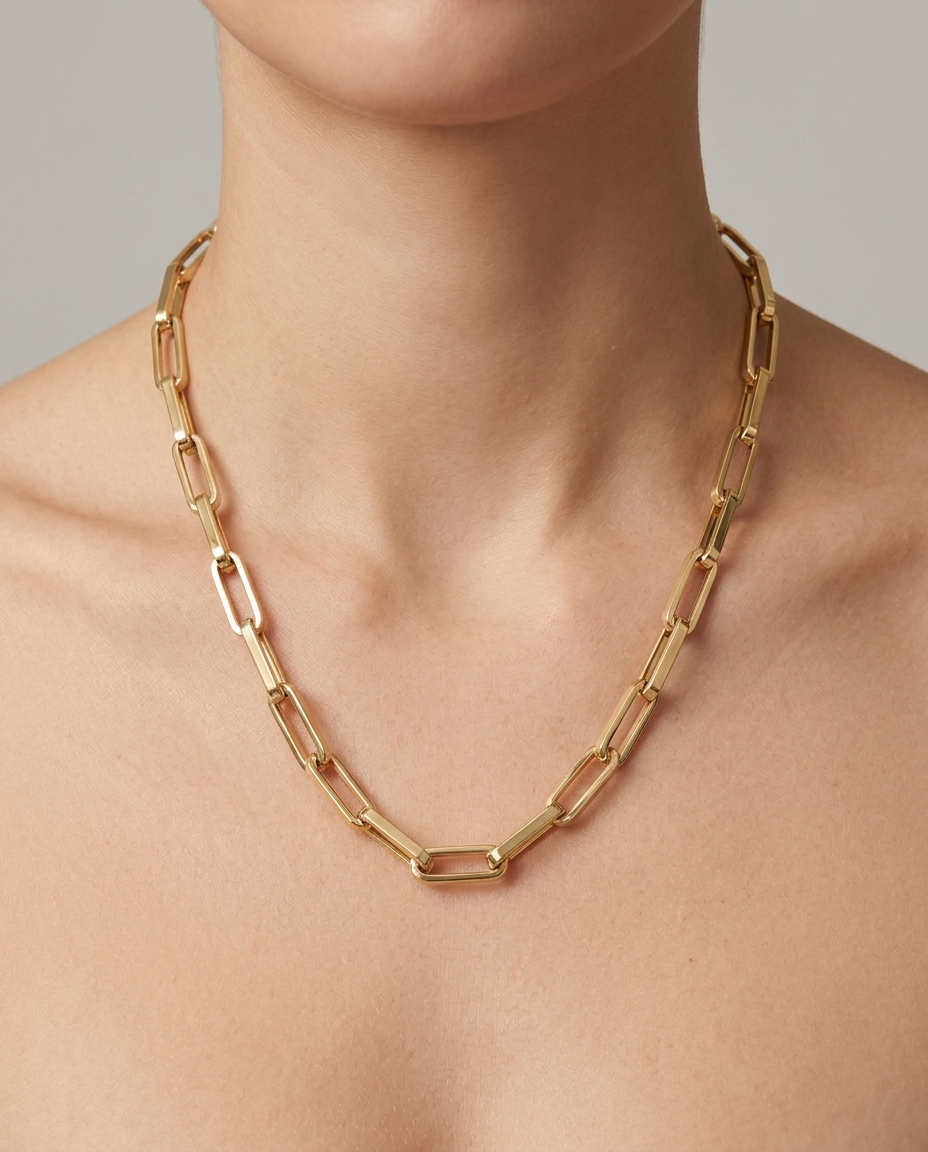 14KT Gold Paperclip Necklace on model