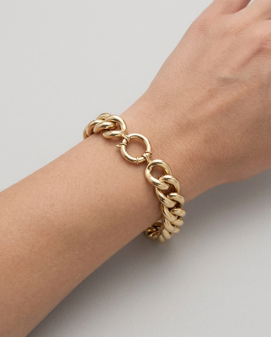 14KT Yellow Gold Hollow Cuban Bracelet 7.5" on model
