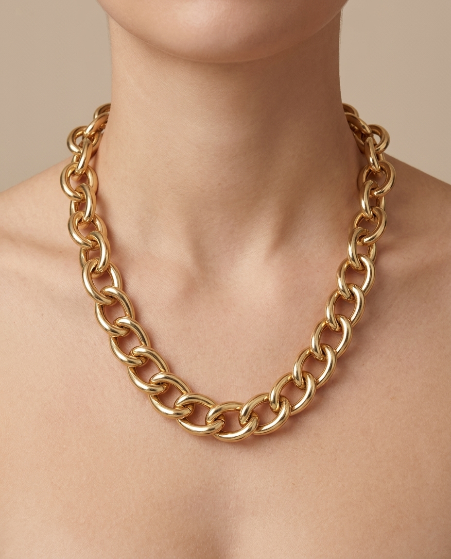 14KT Yellow Gold Oval Link Necklace on model
