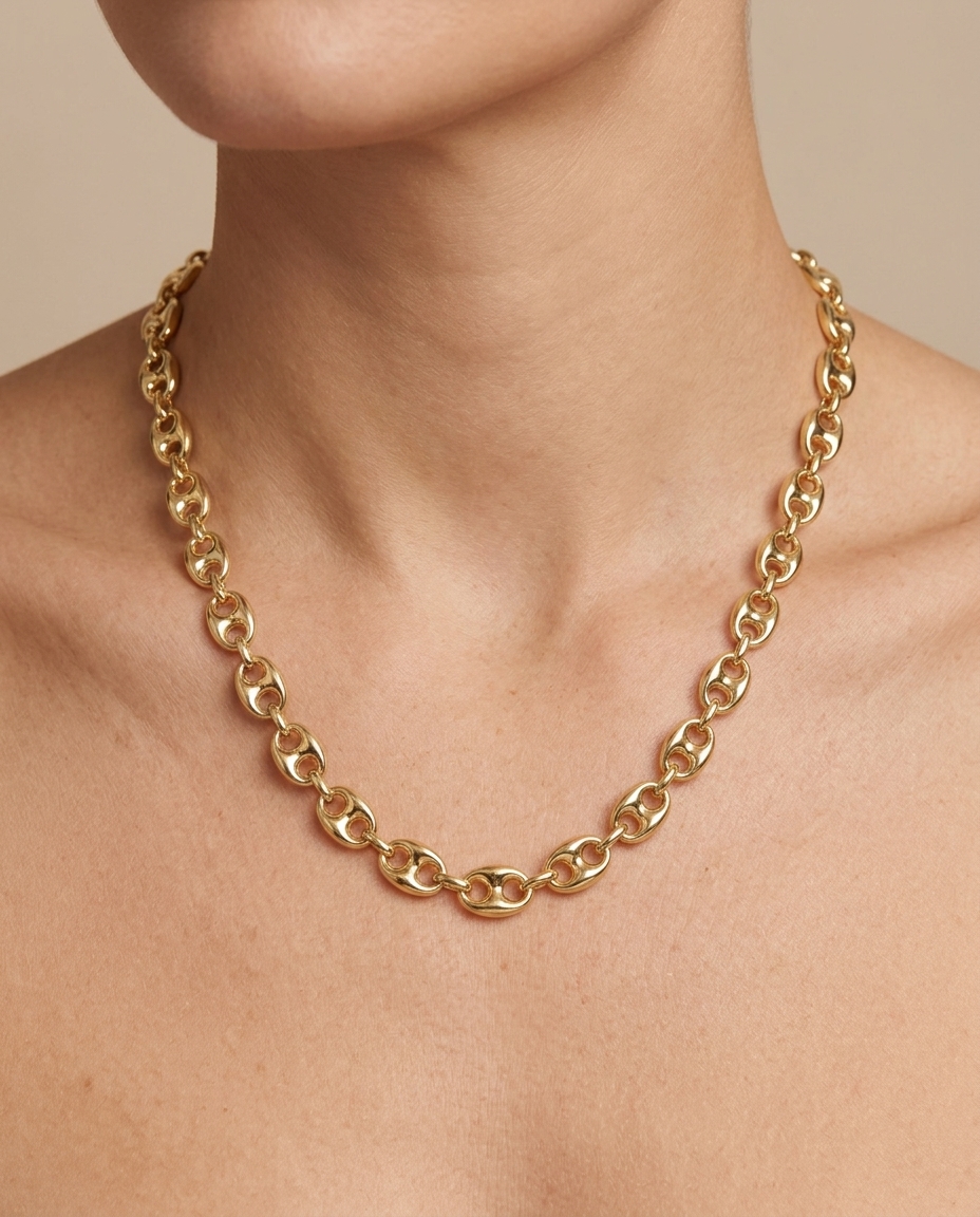 14KT Yellow Gold Puff Mariner Necklace 20" on model
