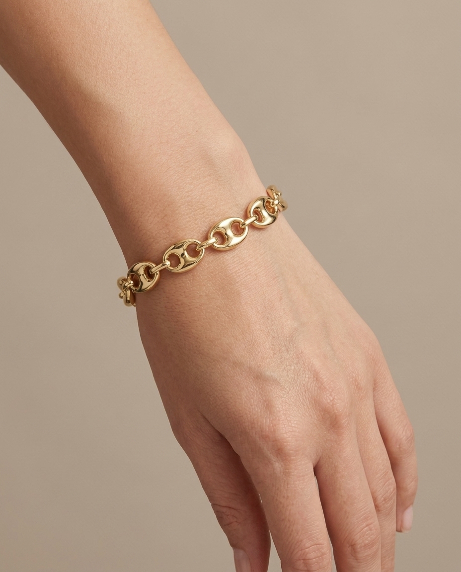 14KT Gold Puff Mariner Bracelet on model