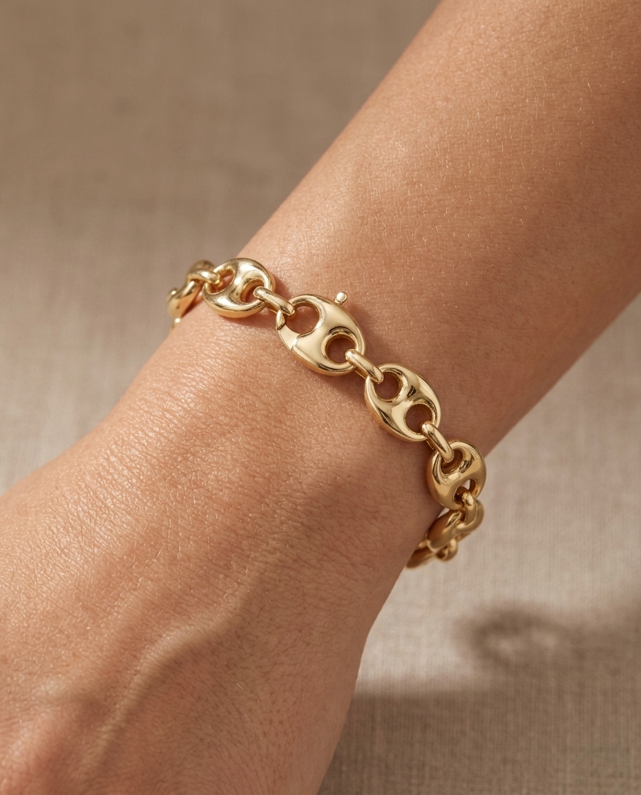 14KT Gold Puff Mariner Bracelet on model