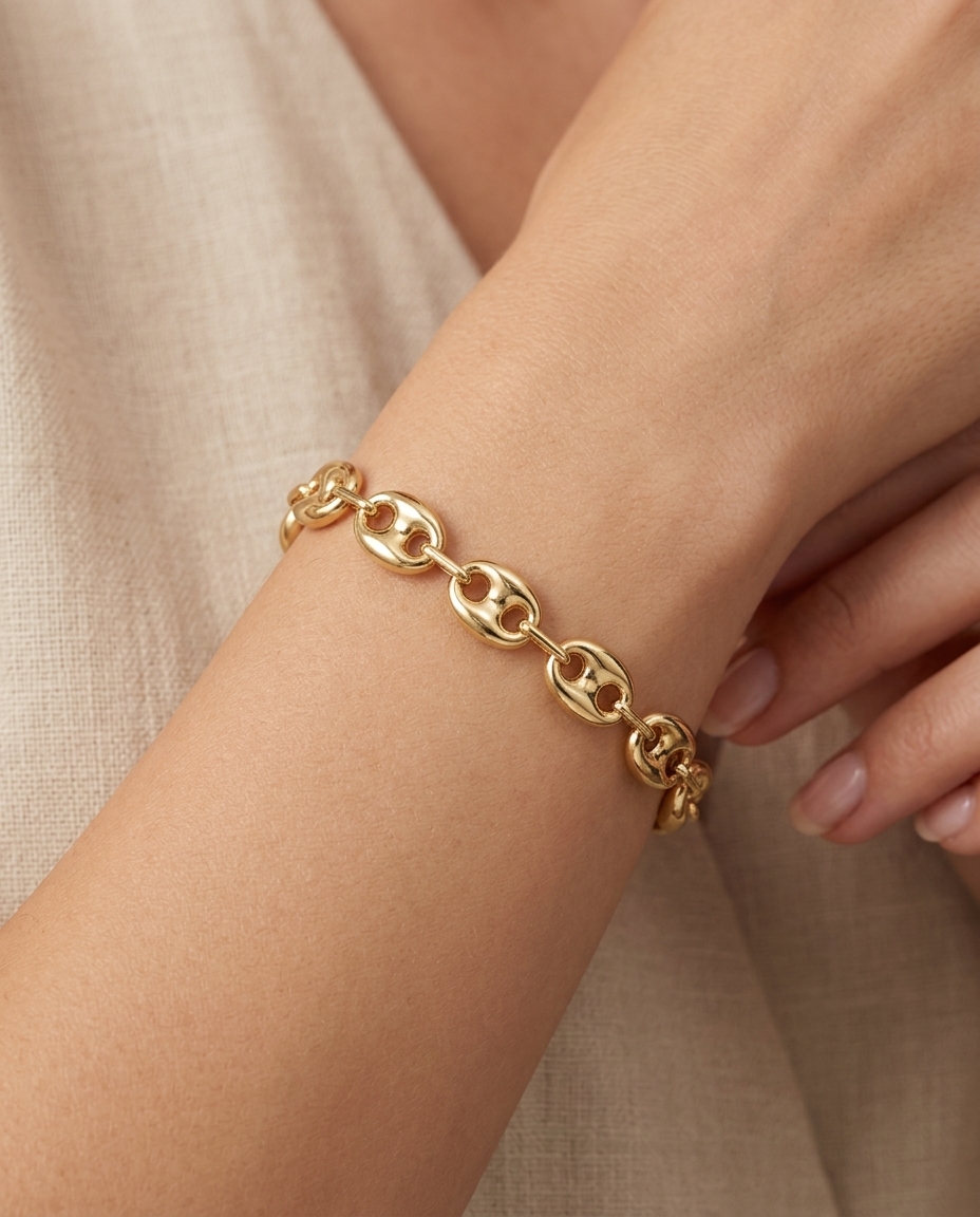 14KT Gold Hollow Puff Mariner Bracelet on model