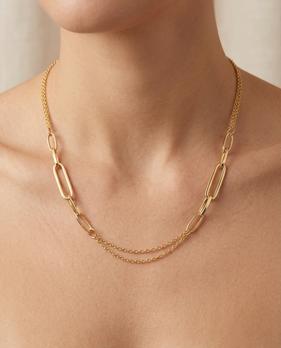 14KT Gold Paperclip Necklace on model