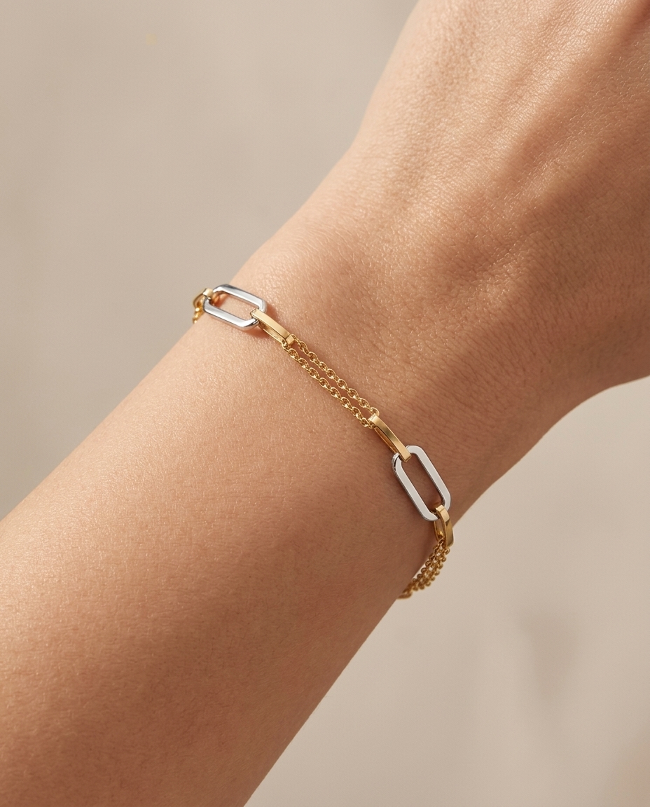 14KT Gold Paperclip Bracelet on model
