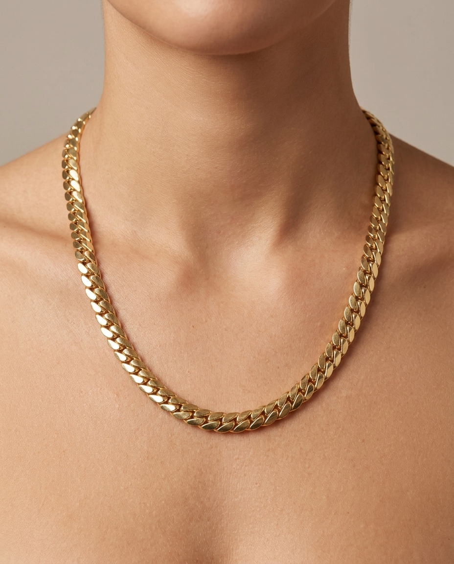 14KT Gold Hollow Cuban Necklace on model
