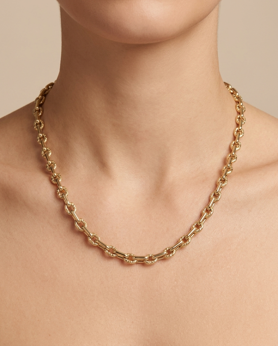 14KT Gold Oval Link and Paperclip Necklace on model