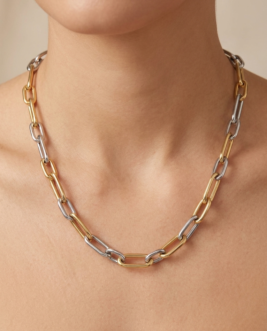 14KT Two Tone Paperclip Necklace 16" on model
