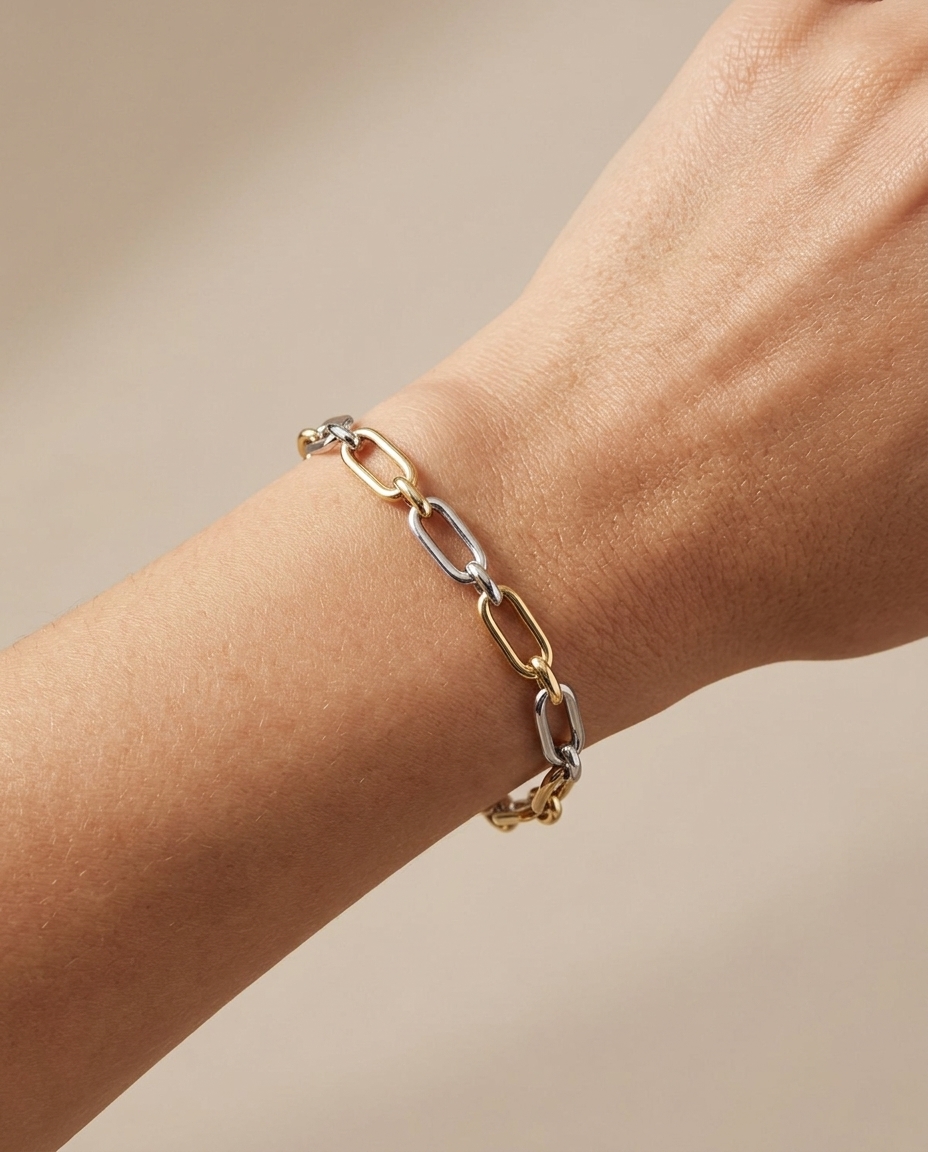 14KT Two Tone Paperclip Bracelet 7.5" on model