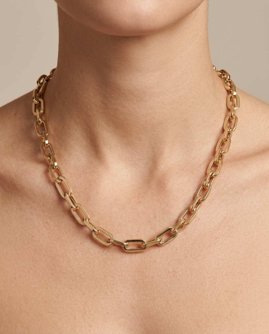14KT Yellow Gold Paperclip Necklace on model