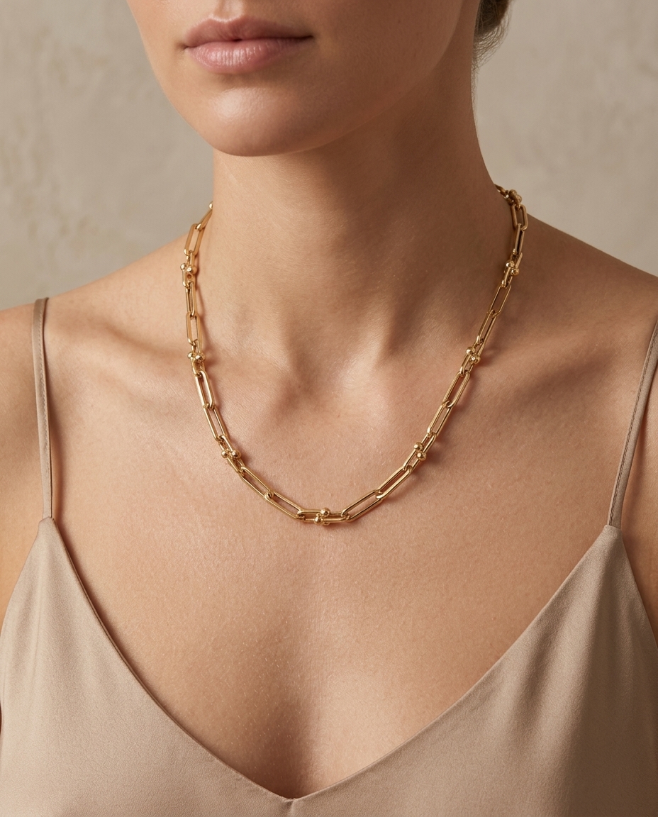 14KT Gold U-Link with Paperclip Necklace on model