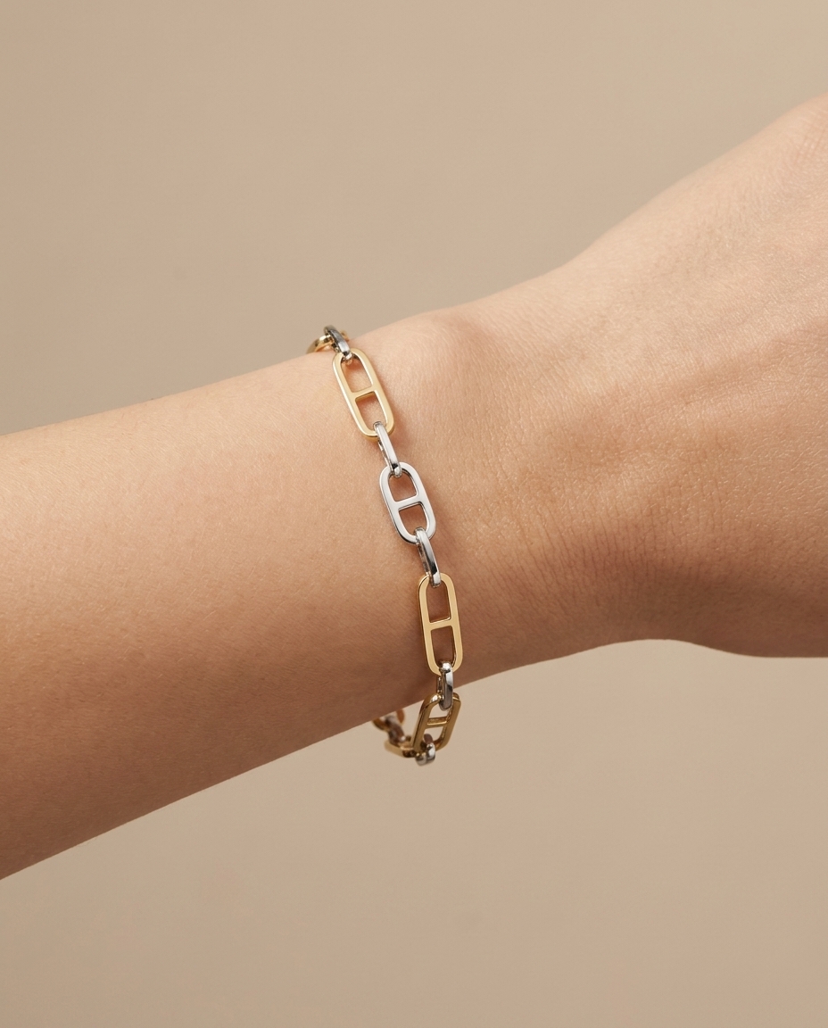 14KT Two Tone Paperclip Bracelet on model