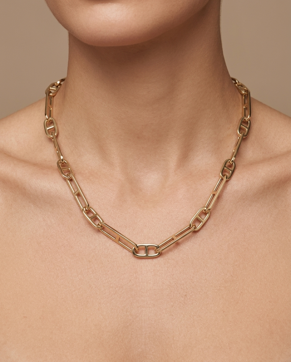 14KT Yellow Gold Paperclip Necklace on model