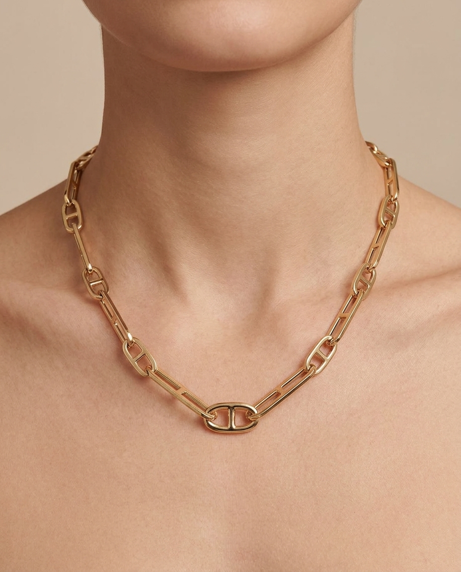14KT Yellow Gold Paperclip Necklace on model