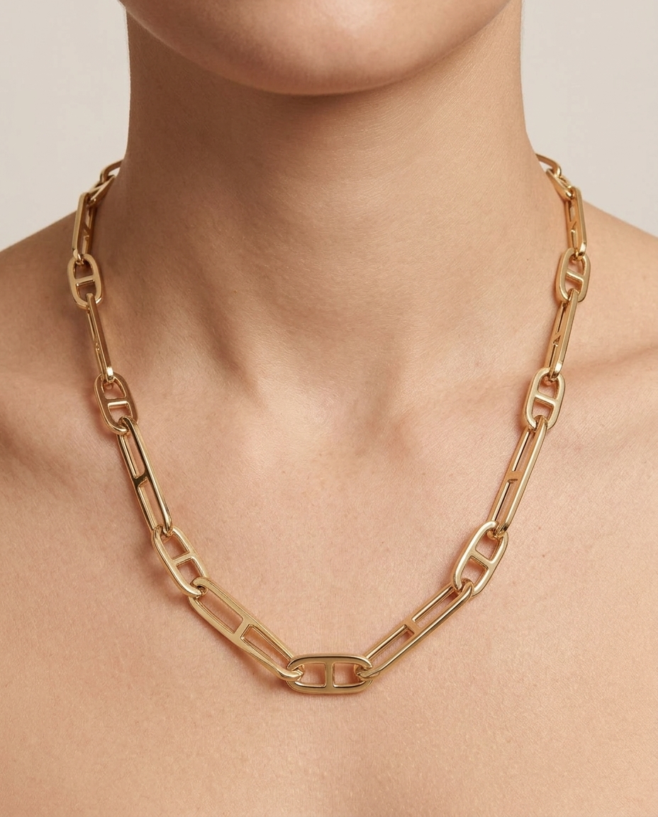 14KT Yellow Gold Paperclip Necklace on model
