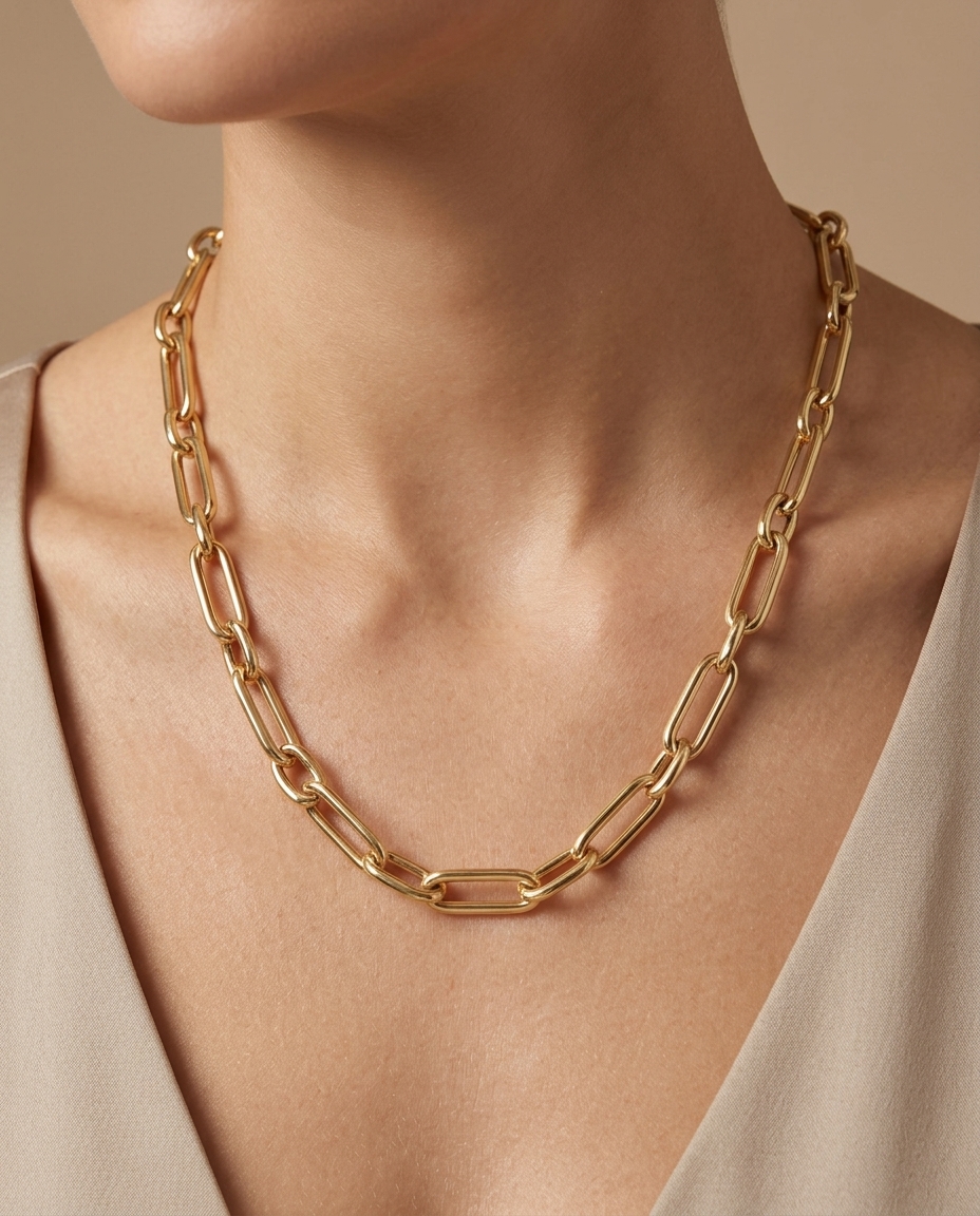 14KT Yellow Gold Paperclip Necklace on model