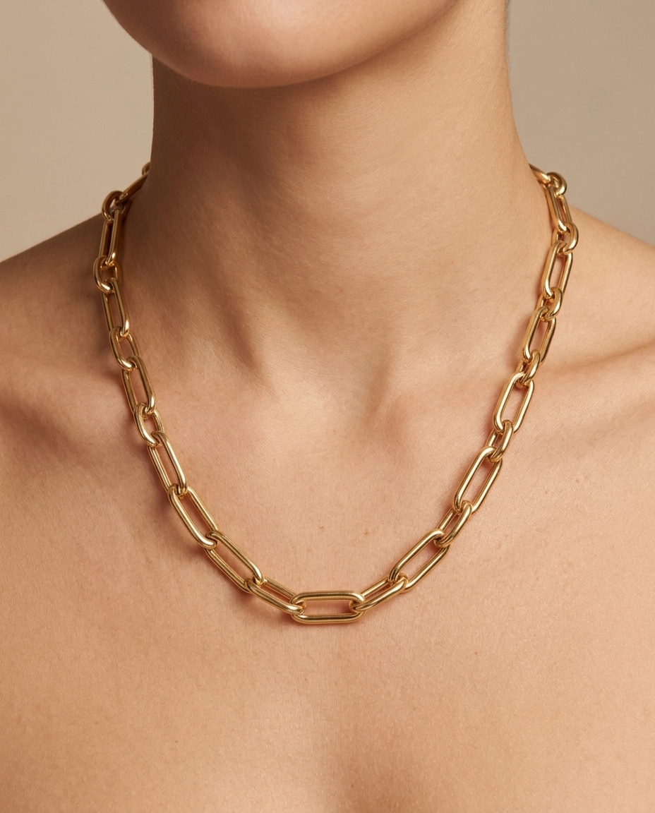 14KT Yellow Gold Paperclip Necklace on model