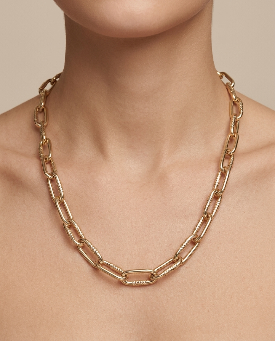 14KT Yellow Gold Paperclip Necklace on model