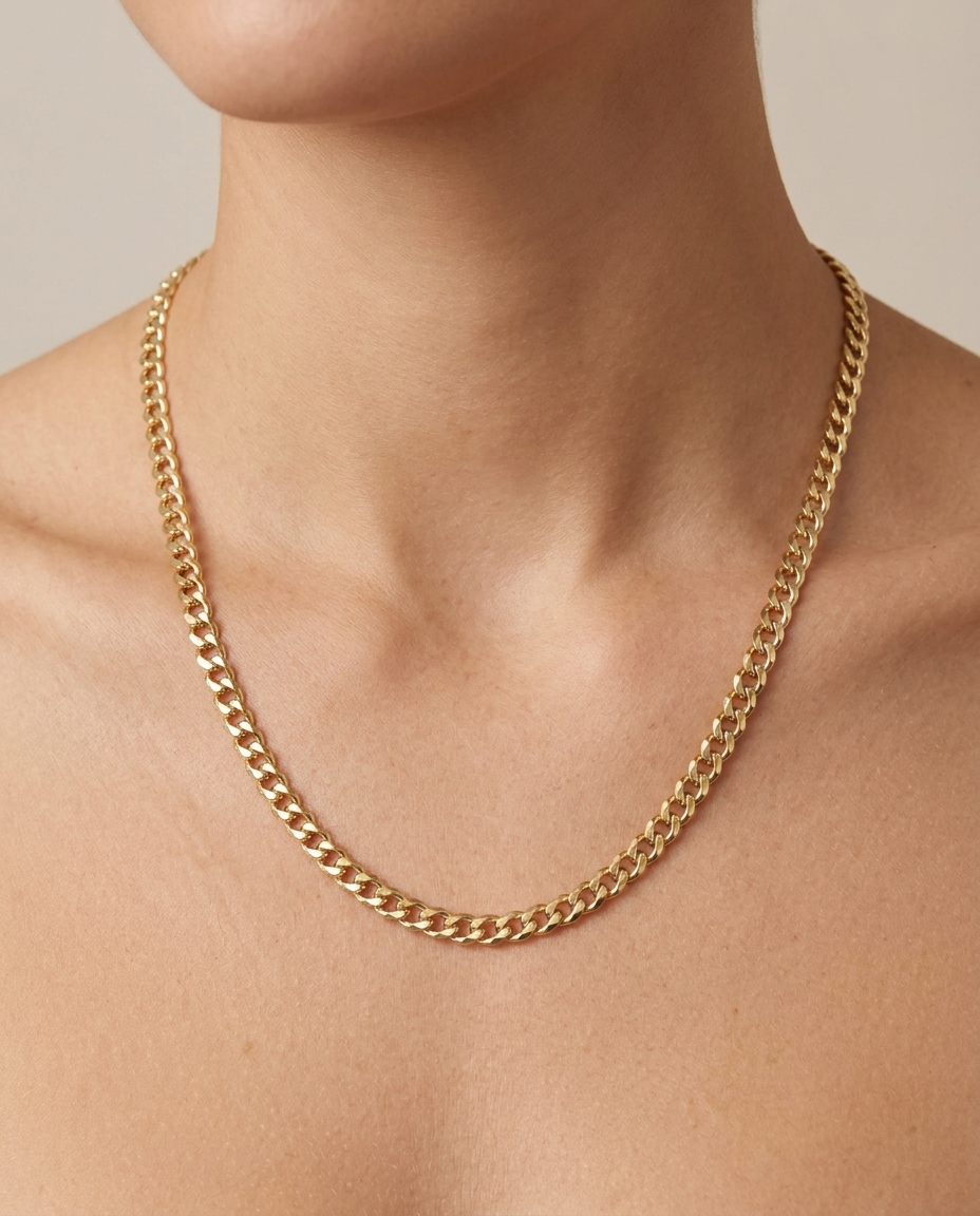 14KT Gold Flat Cuban Necklace on model