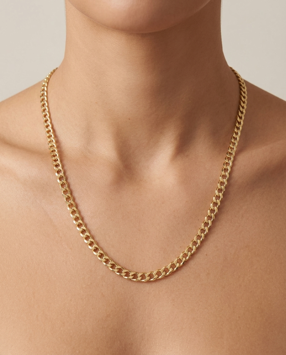 14KT Gold Flat Cuban Necklace on model