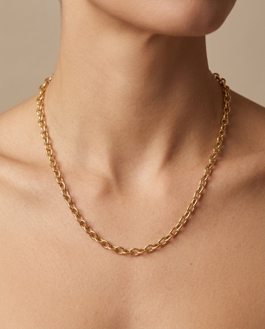 14KT Gold Oval Cable Chain Necklace on model