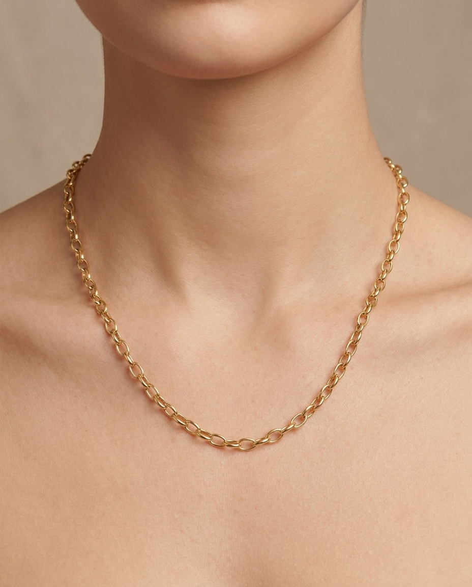 14KT Gold Oval Cable Chain Necklace on model