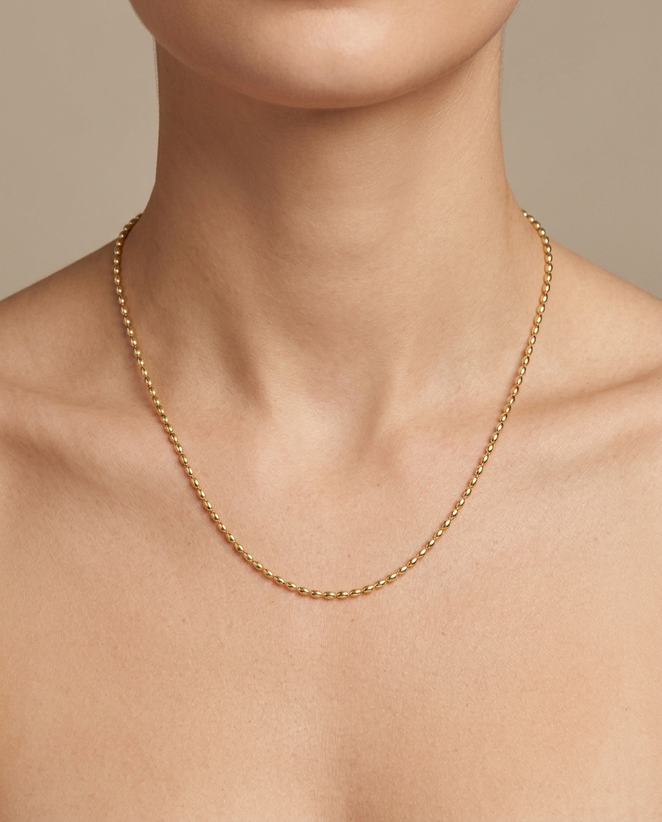 14KT Yellow Gold Beaded Chain Necklace on model