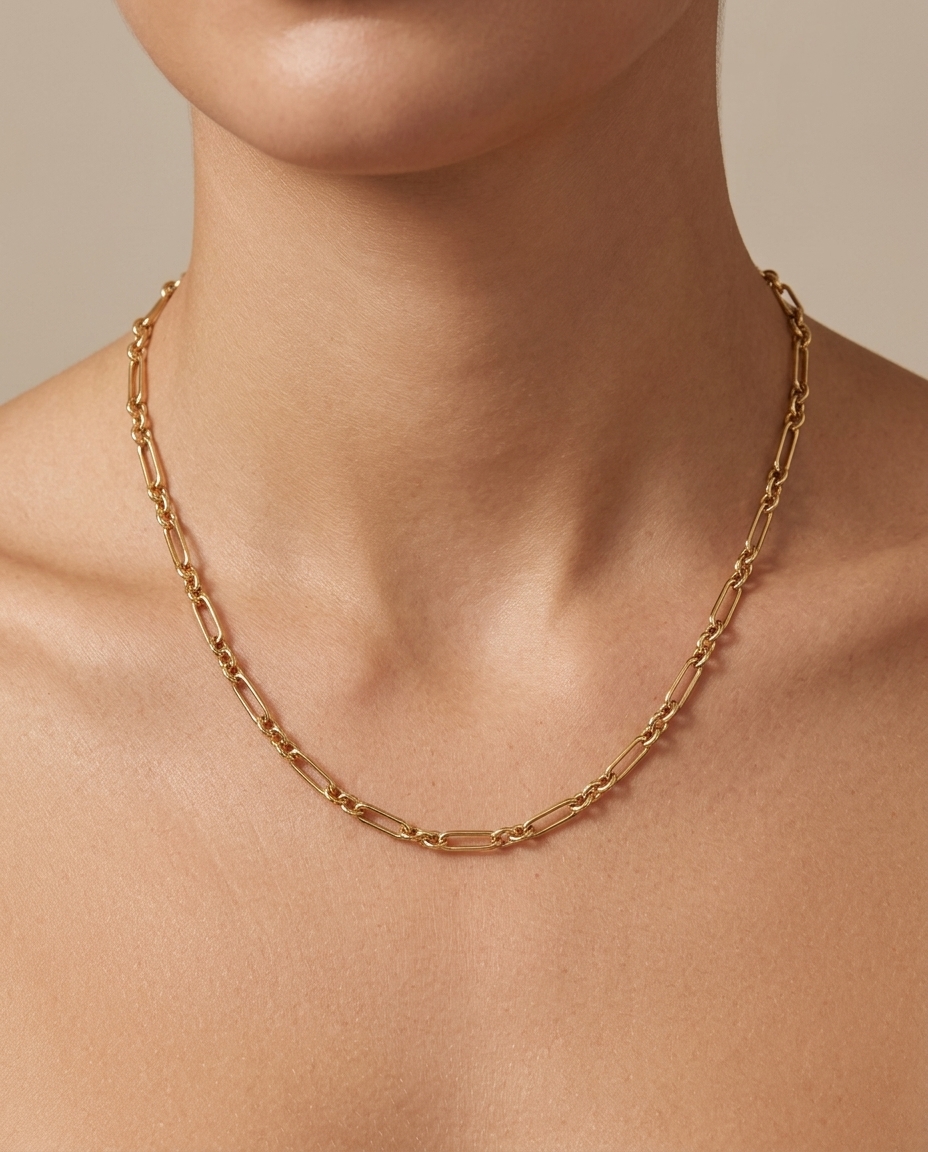 14KT Yellow Gold Paperclip Necklace on model