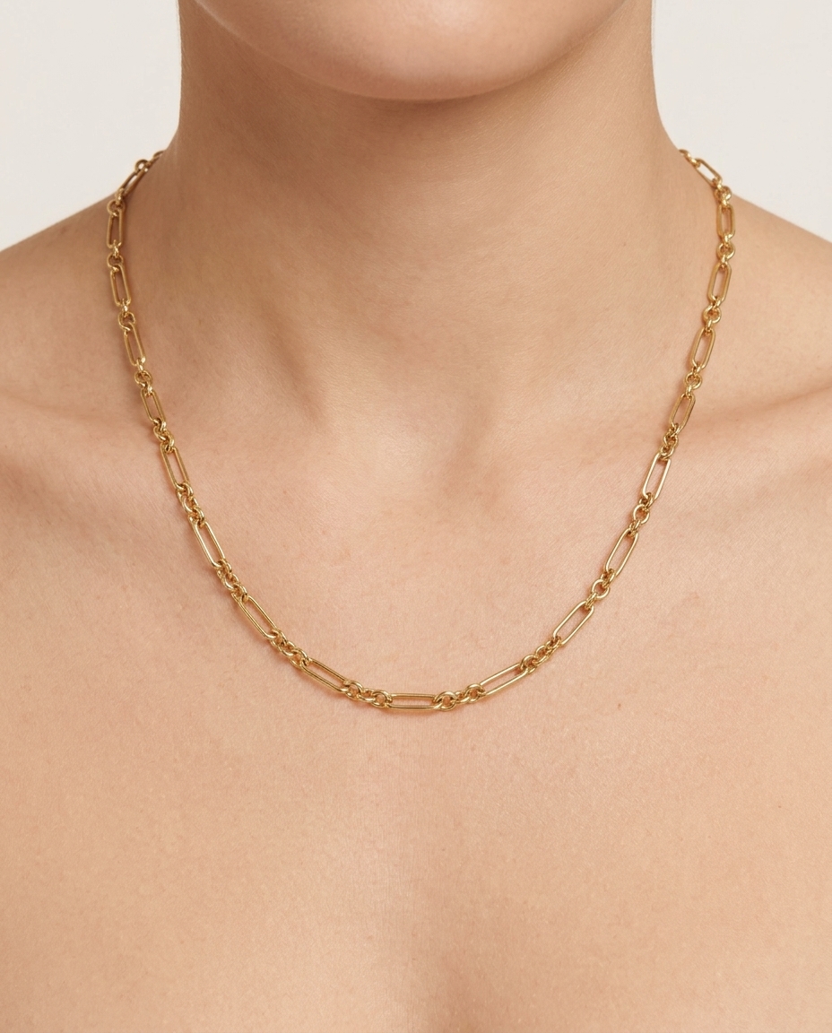 14KT Yellow Gold Paperclip Necklace on model