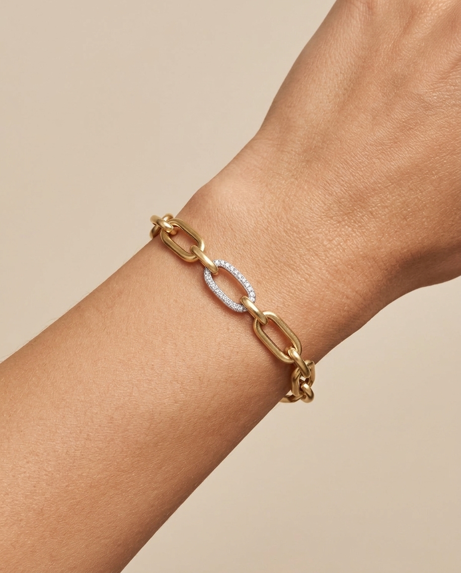 14KT Yellow Gold Hollow Paperclip Bracelet with Diamond Link on model