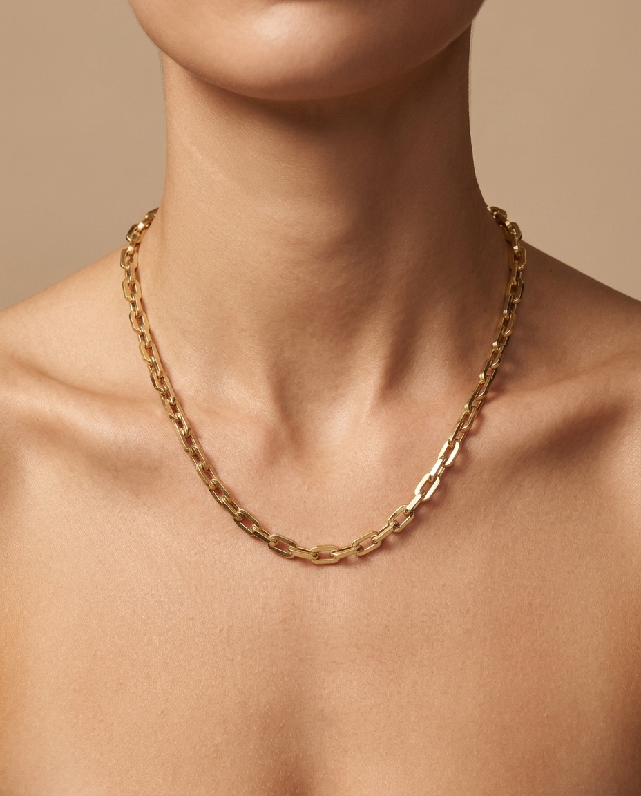 14KT Gold Paperclip Necklace on model