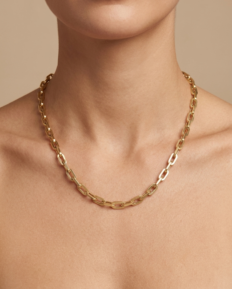 14KT Gold Paperclip Necklace on model