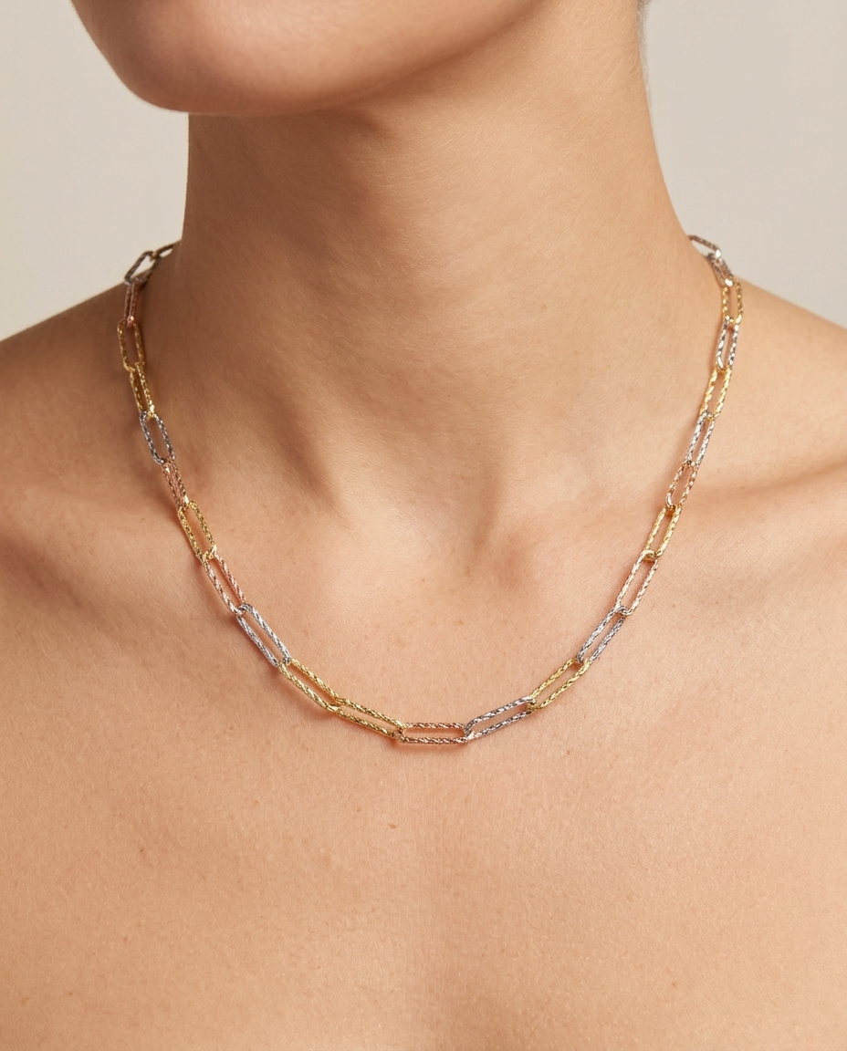 14KT Tri-Color Gold Necklace on model